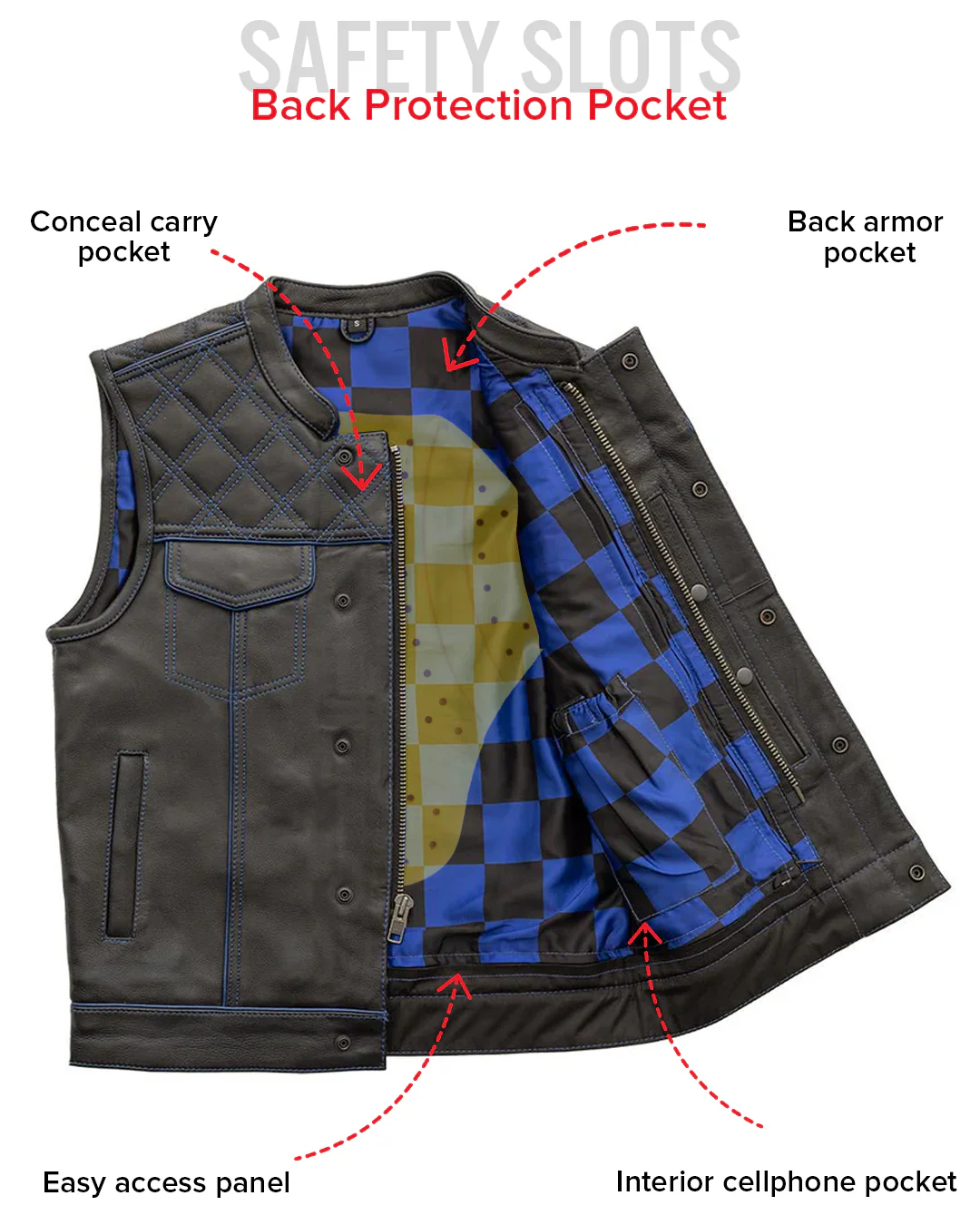 Finish Line - Blue Checker - Men's Motorcycle Leather Vest - Image 6