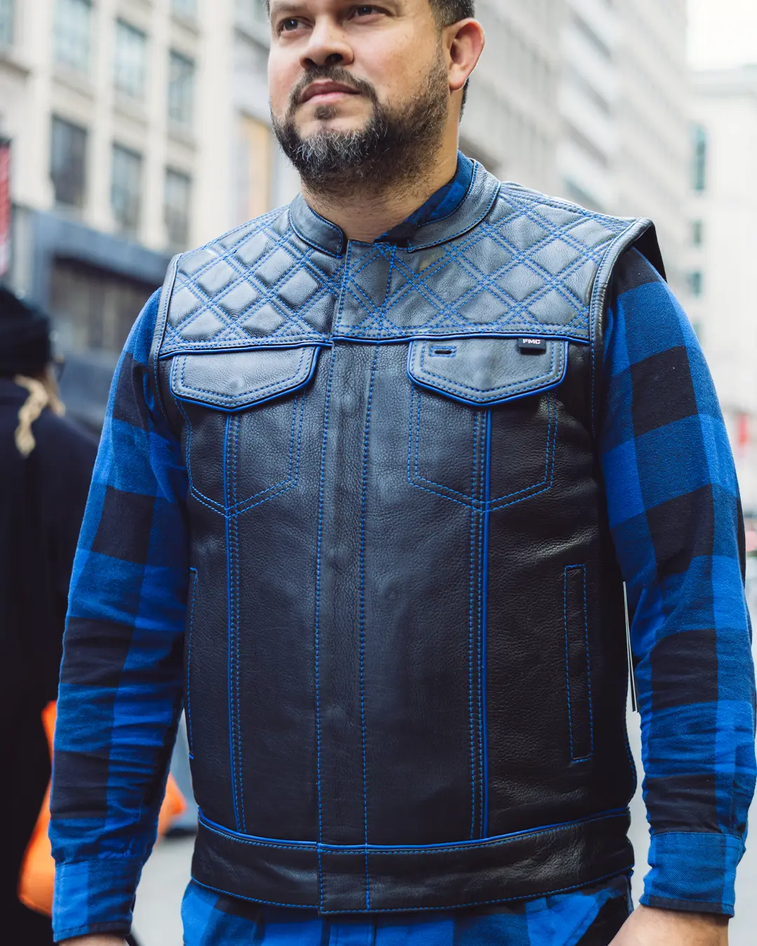 Finish Line - Blue Checker - Men's Motorcycle Leather Vest - Image 8
