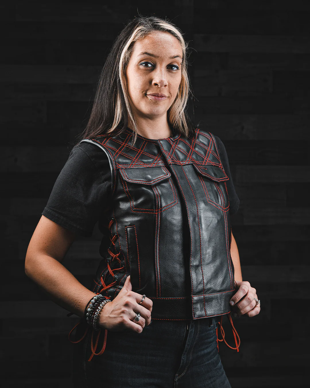 Bonnie - Women's Motorcycle Leather Vest - Diamond Quilt - Image 27