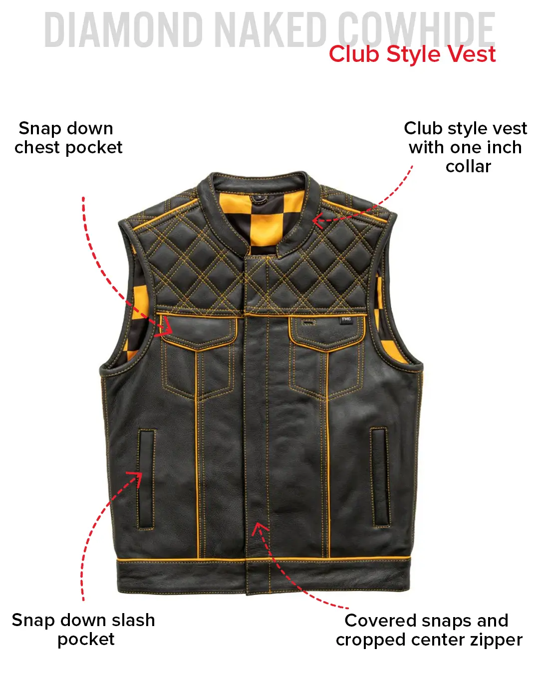 Finish Line - Gold Checker - Men's Motorcycle Leather Vest - Image 7