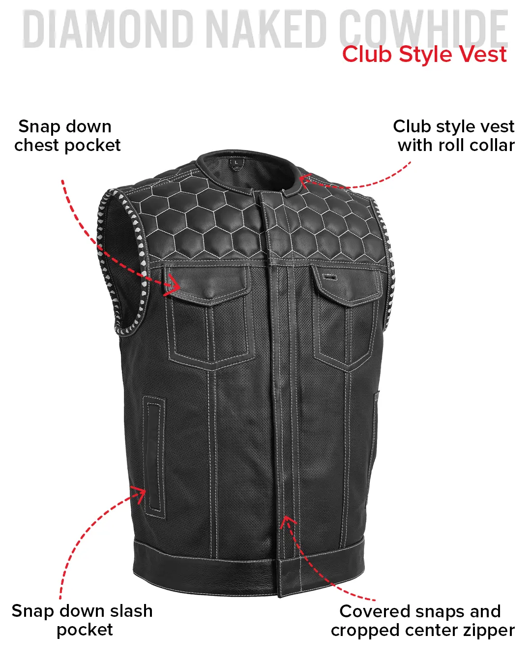 Hornet Perforated Men's Club Style Leather Vest - Image 22