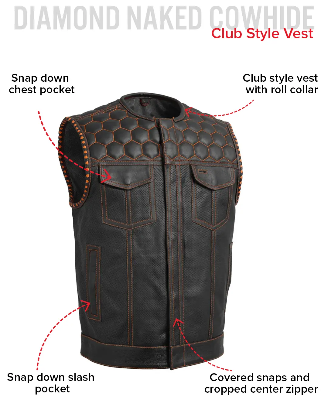 Hornet Perforated Men's Club Style Leather Vest - Image 32