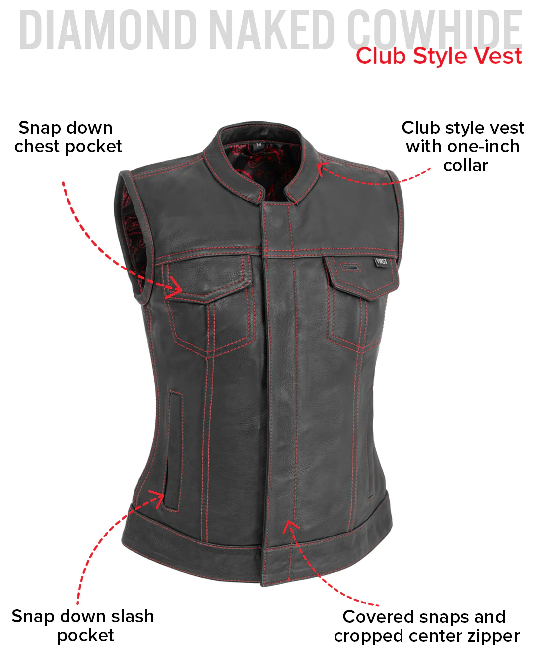Jessica Women's Motorcycle Leather Vest - Black/Red - Limited Edition - Image 5