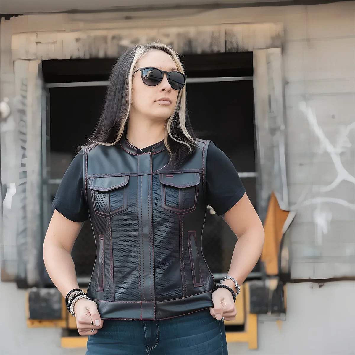 Jessica Perforated Women's Motorcycle Leather Vest - Image 14