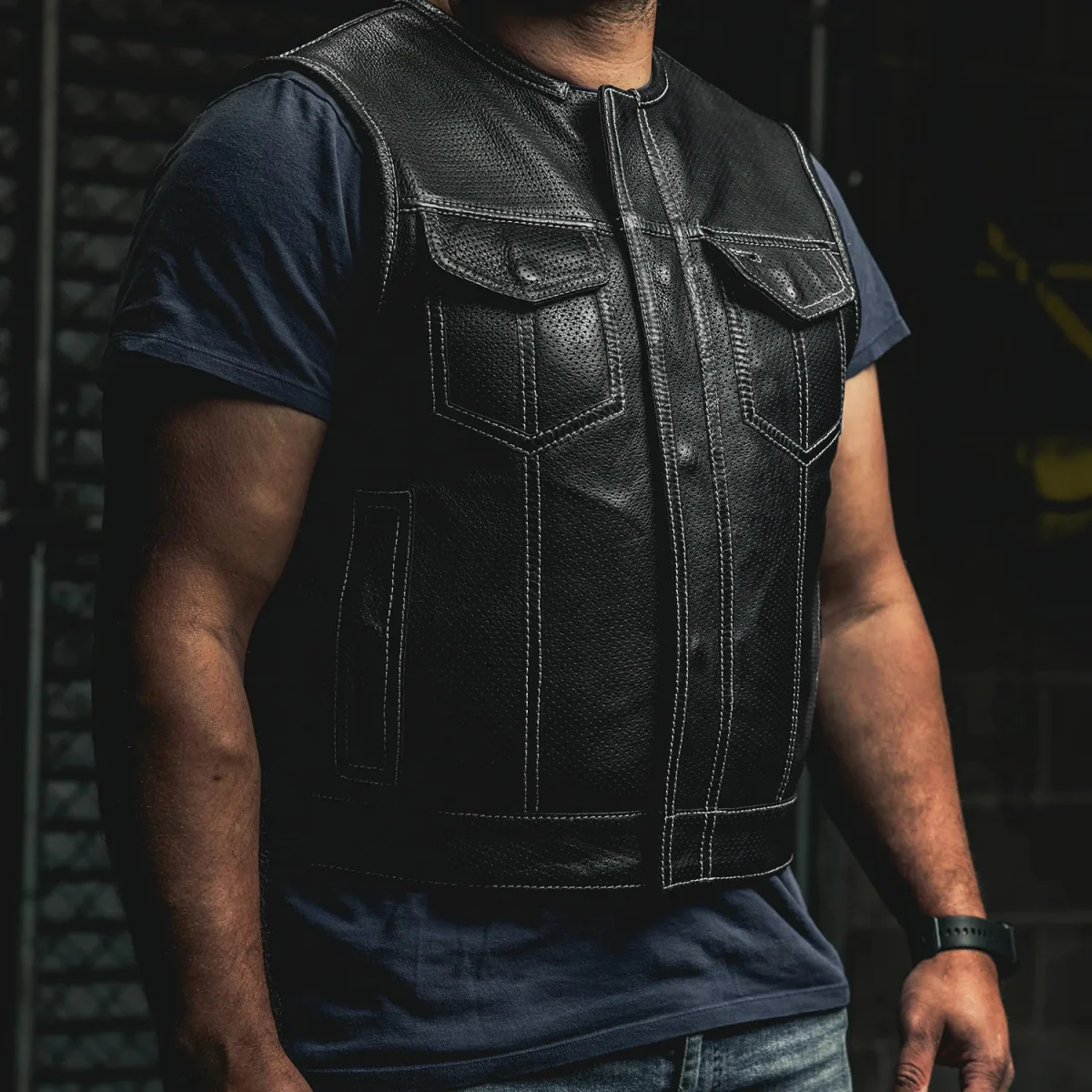 Lowside Men's Perforated Motorcycle Leather Vest - Image 15
