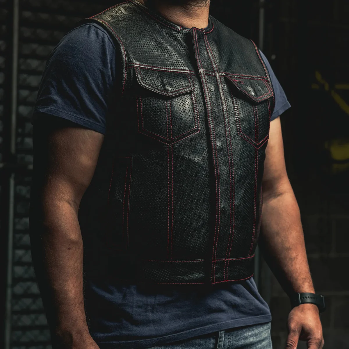 Lowside Men's Perforated Motorcycle Leather Vest - Image 16