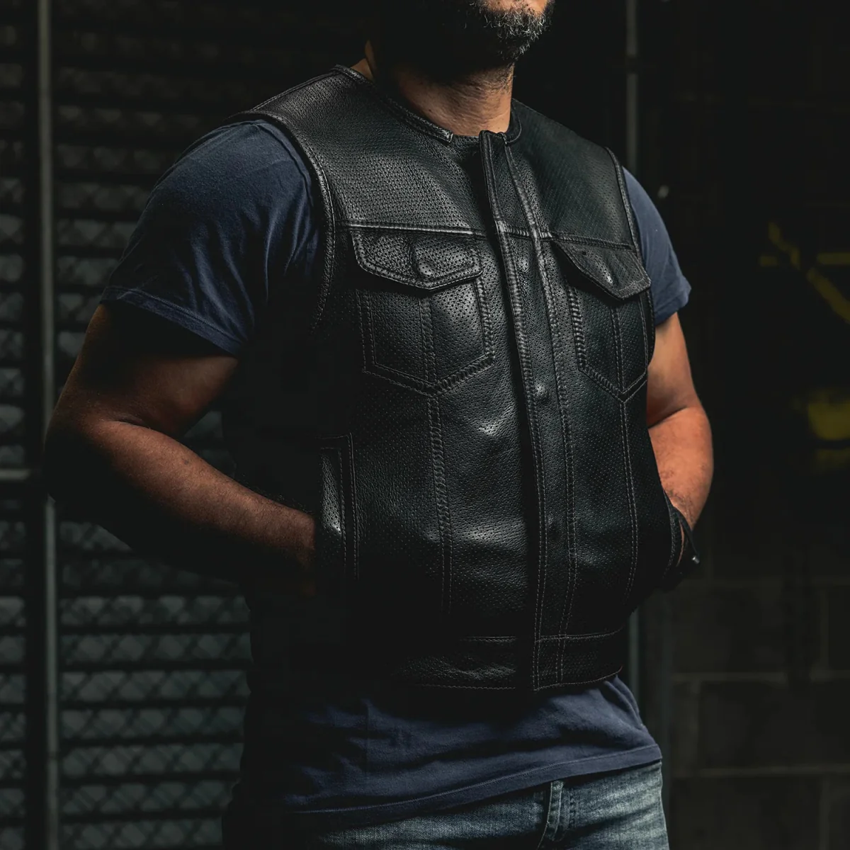 Lowside Men's Perforated Motorcycle Leather Vest - Image 17