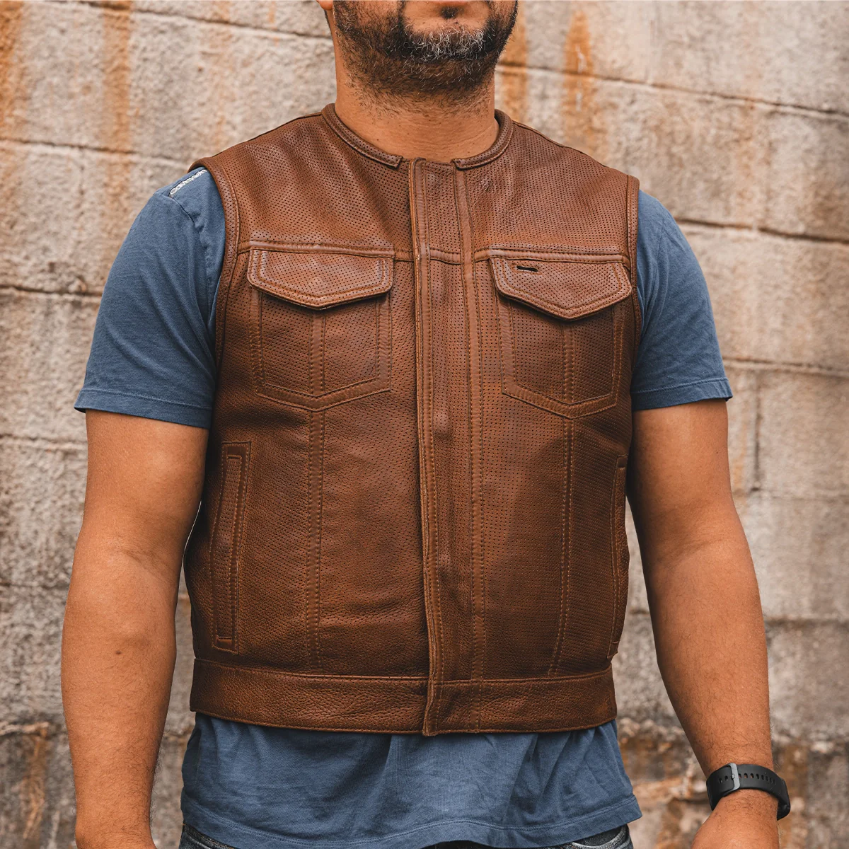 Lowside Men's Perforated Motorcycle Leather Vest - Image 23