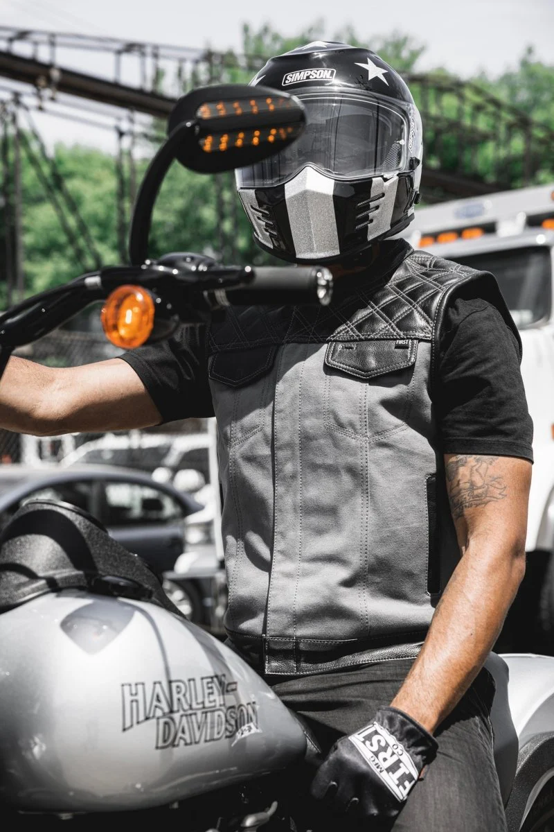 Hunt Club Motorcycle Leather Canvas Vest Grey - Image 6
