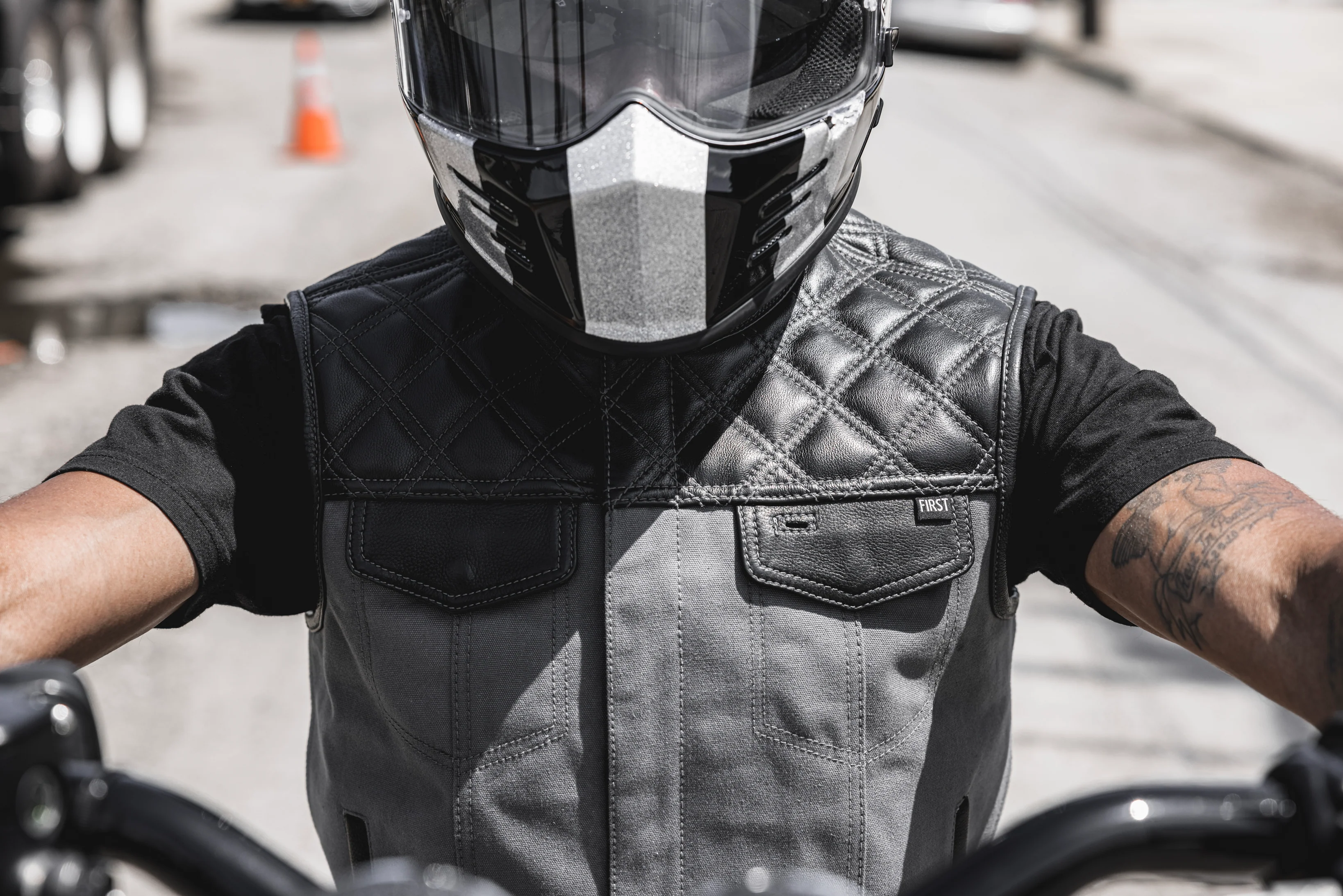 Hunt Club Motorcycle Leather Canvas Vest Grey - Image 7