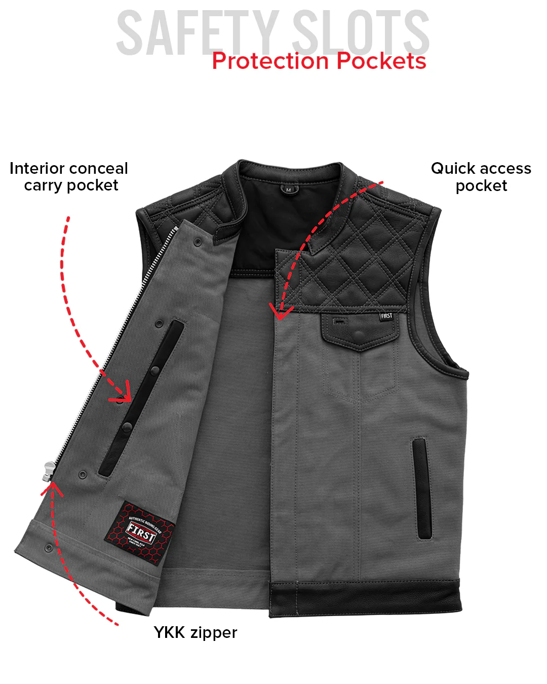 Hunt Club Motorcycle Leather Canvas Vest Grey - Image 8