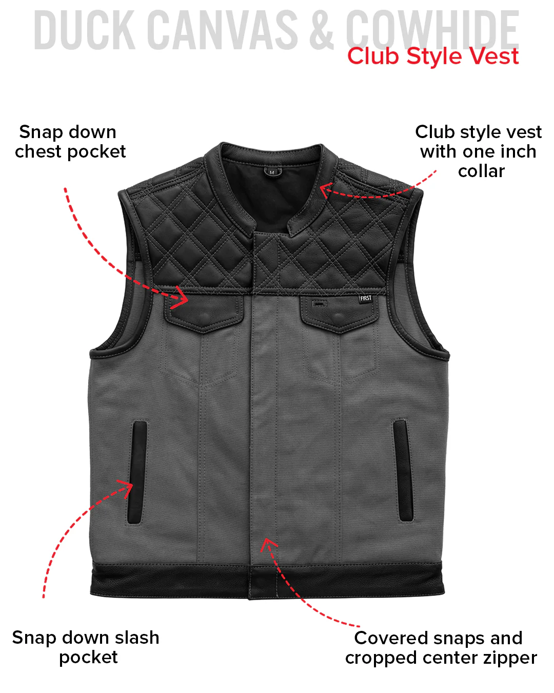 Hunt Club Motorcycle Leather Canvas Vest Grey - Image 9