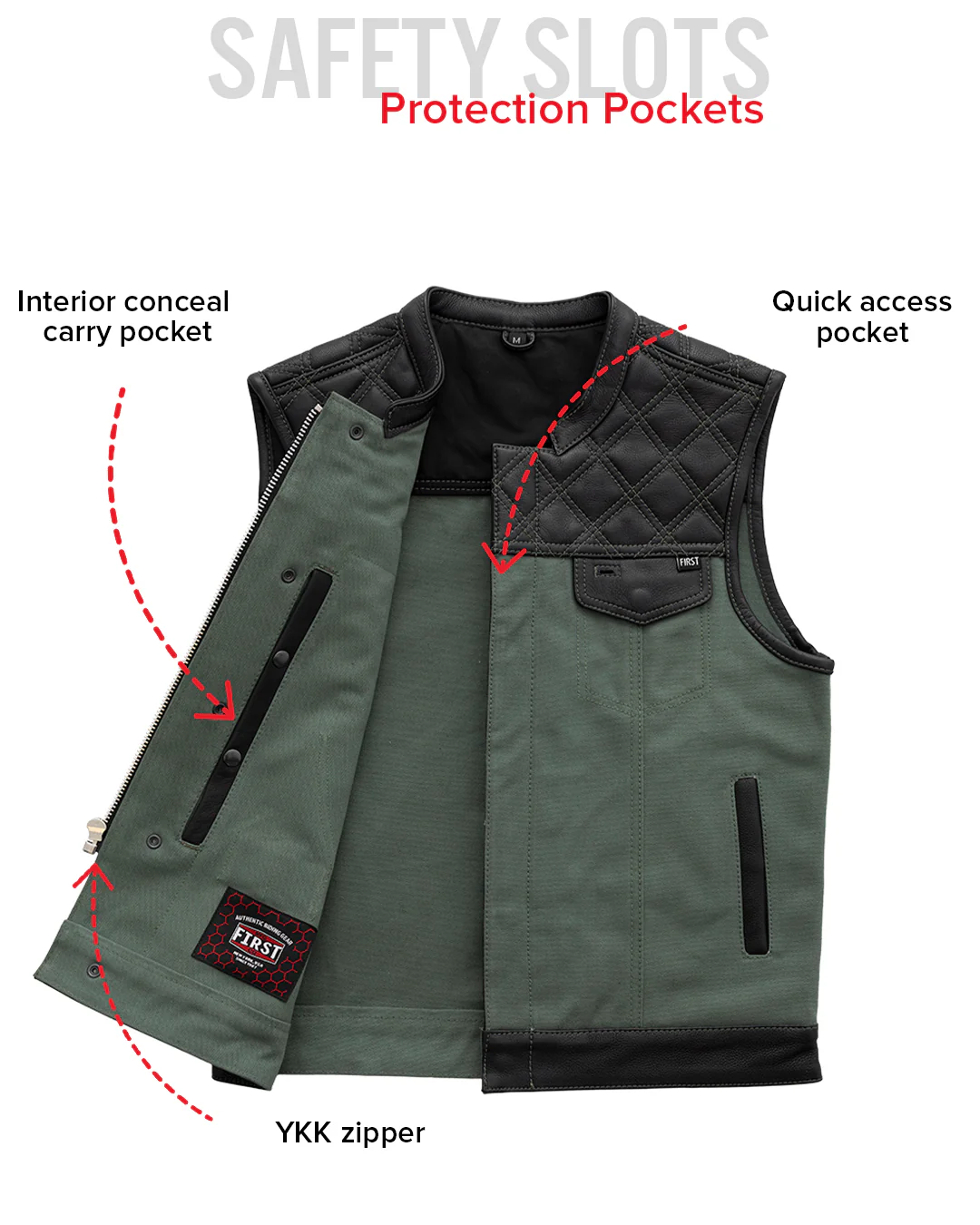 Hunt Club Motorcycle Leather Canvas Vest Green - Image 8