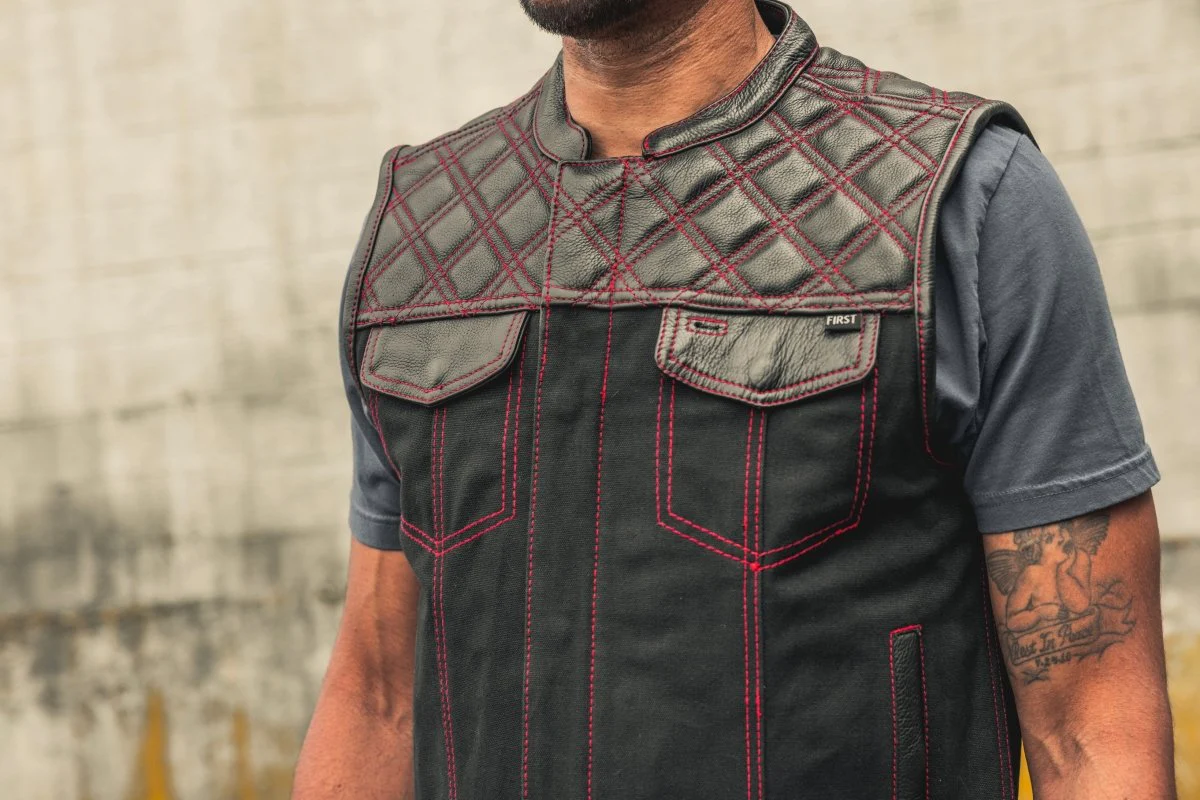 Hunt Club Motorcycle Leather Canvas Vest Black/Red - Image 3