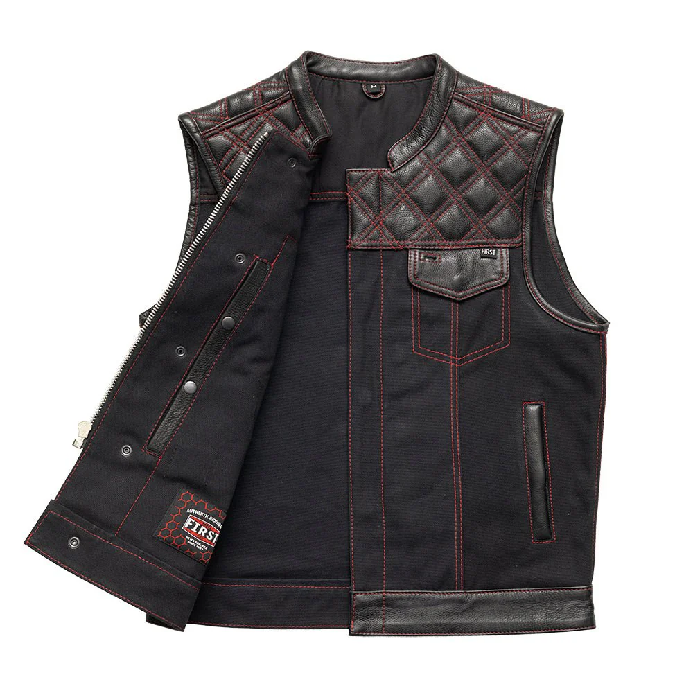 Hunt Club Motorcycle Leather Canvas Vest Black/Red - Image 5