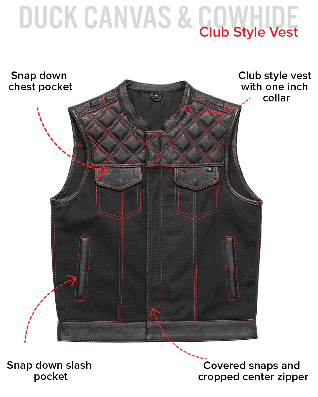 Hunt Club Motorcycle Leather Canvas Vest Black/Red - Image 6