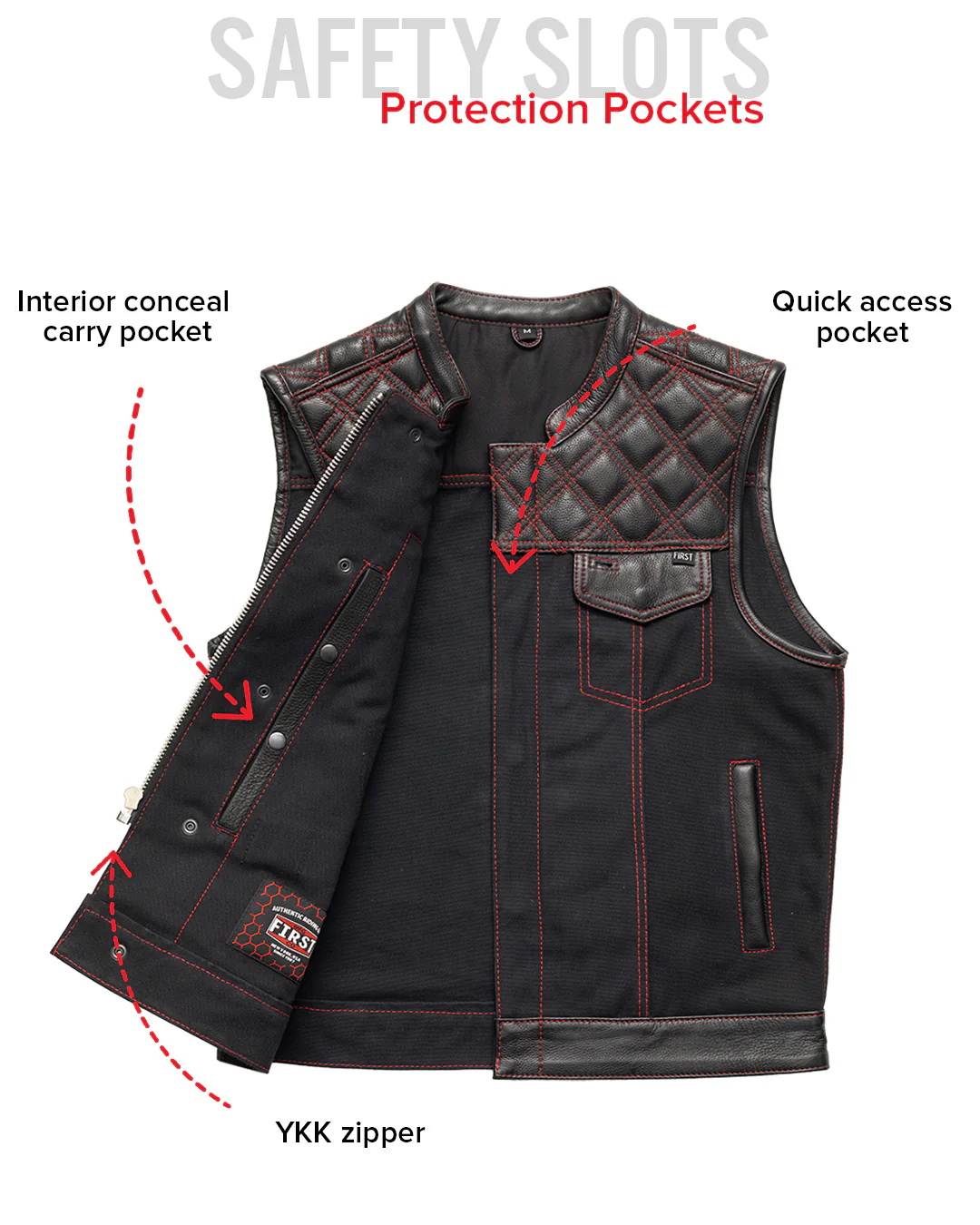 Hunt Club Motorcycle Leather Canvas Vest Black/Red - Image 7