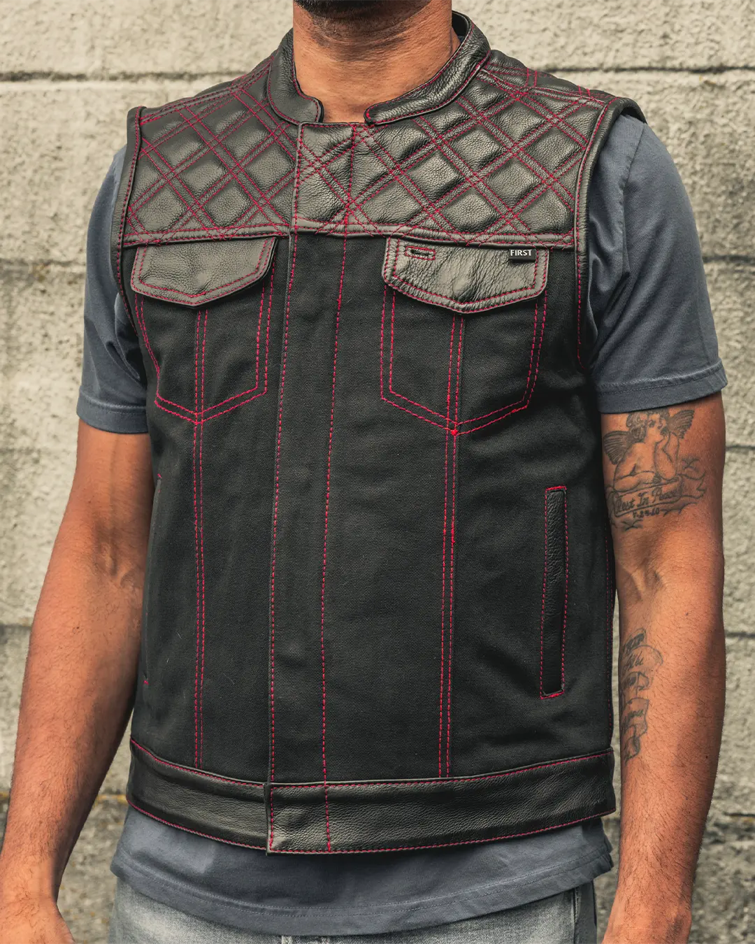 Hunt Club Motorcycle Leather Canvas Vest Black/Red - Image 8
