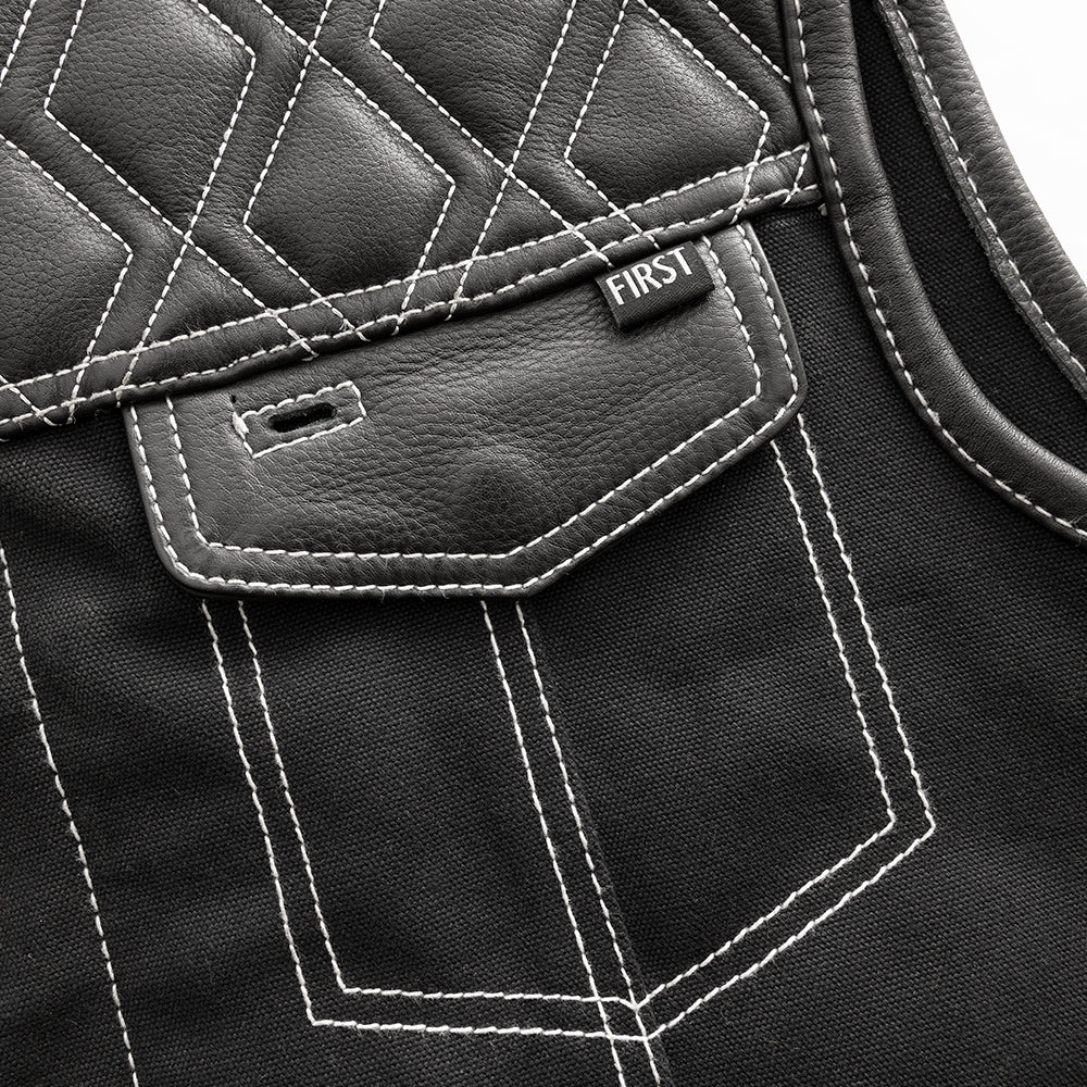 Hunt Club Motorcycle Leather Canvas Vest White Stitch - Image 4