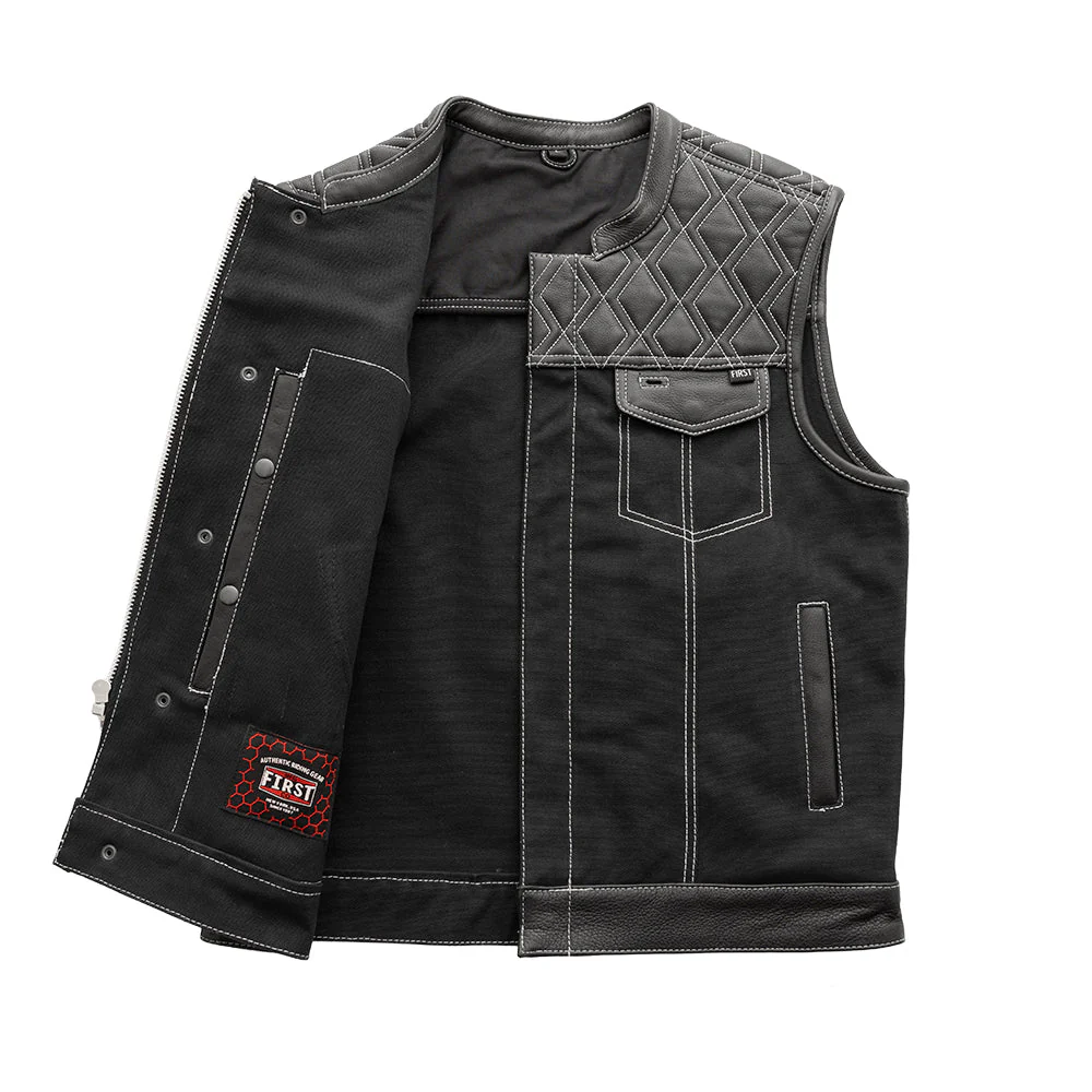 Hunt Club Motorcycle Leather Canvas Vest White Stitch - Image 5