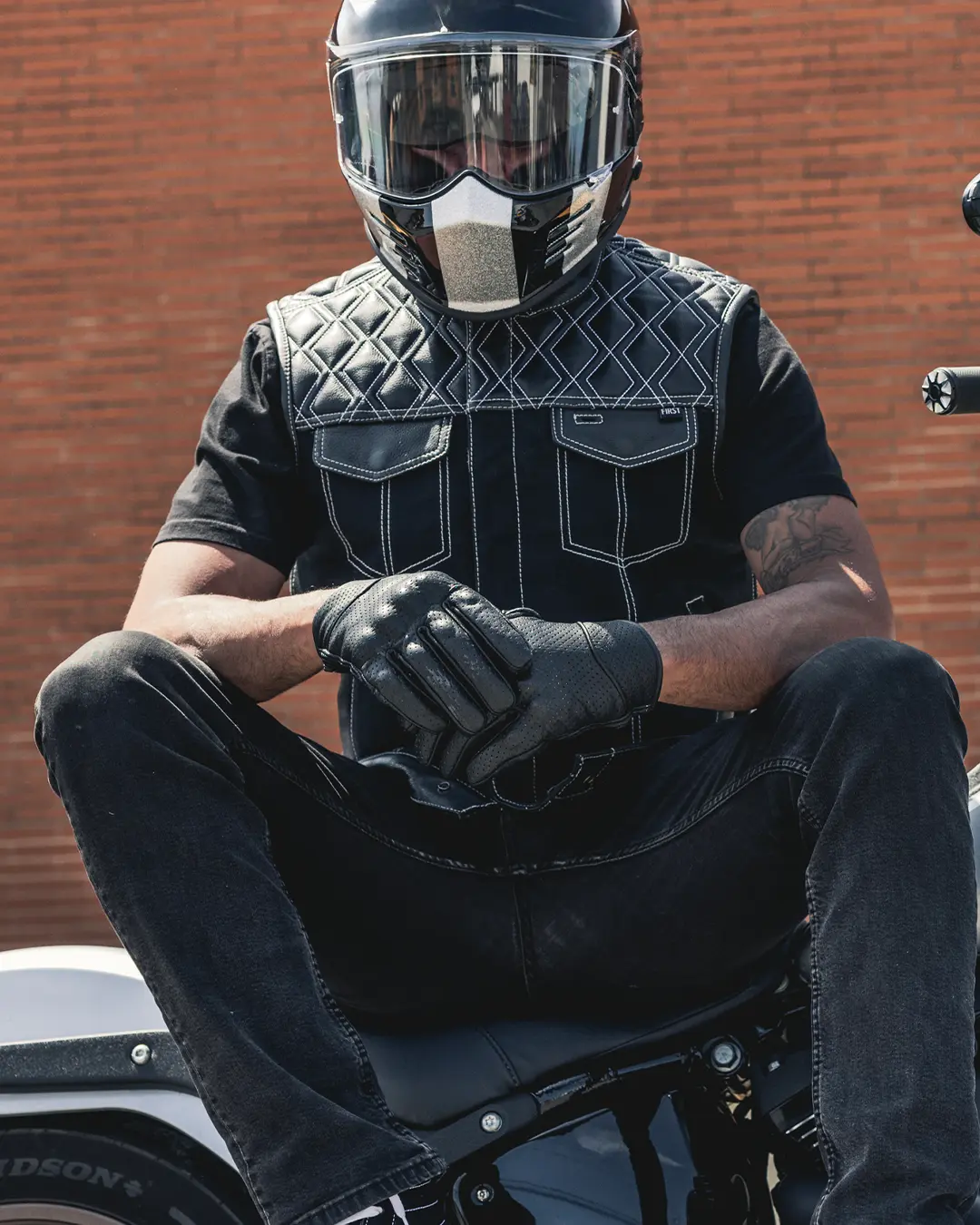 Hunt Club Motorcycle Leather Canvas Vest White Stitch - Image 9
