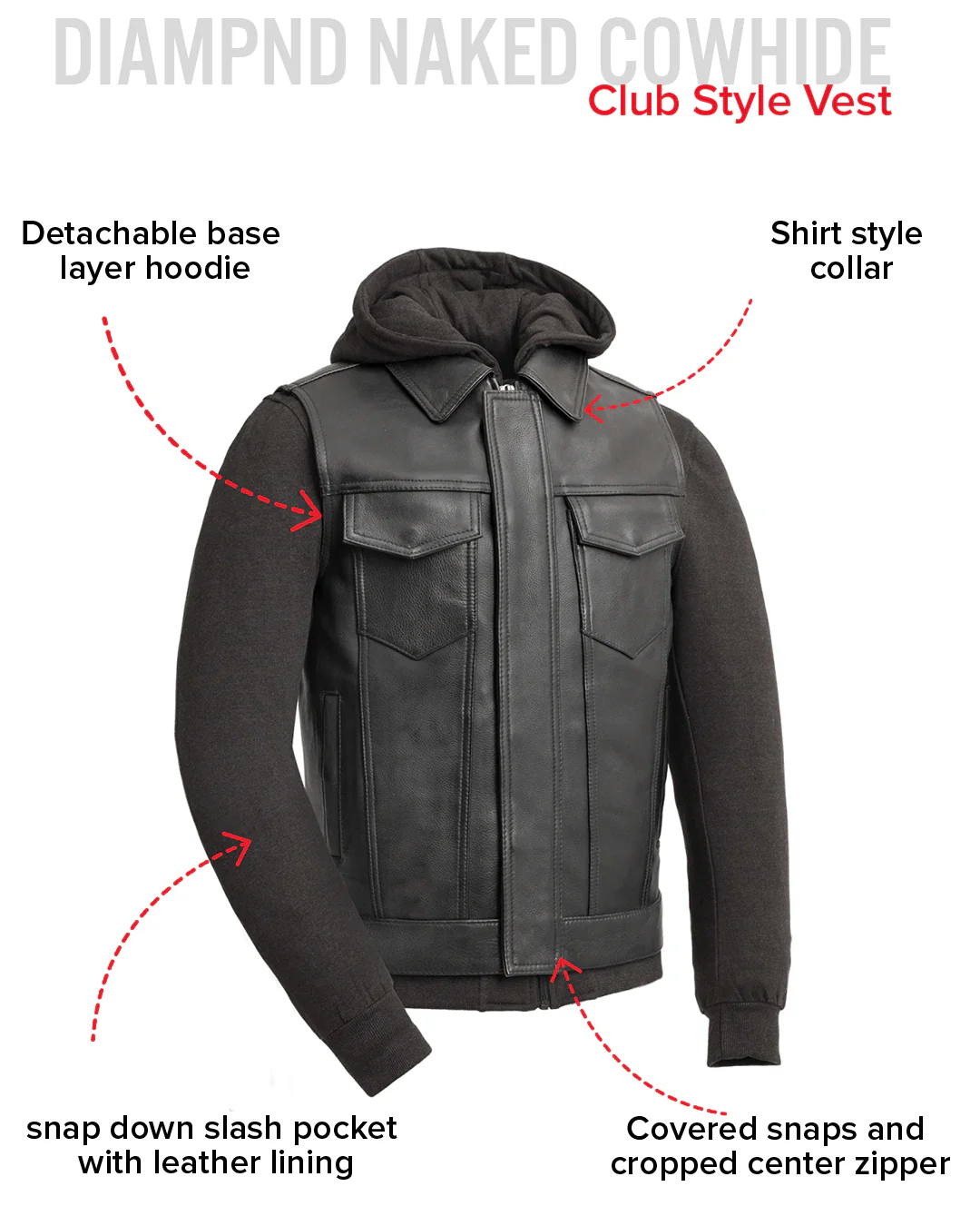 Kent Men's Motorcycle Leather Vest and Hoodie - Image 11