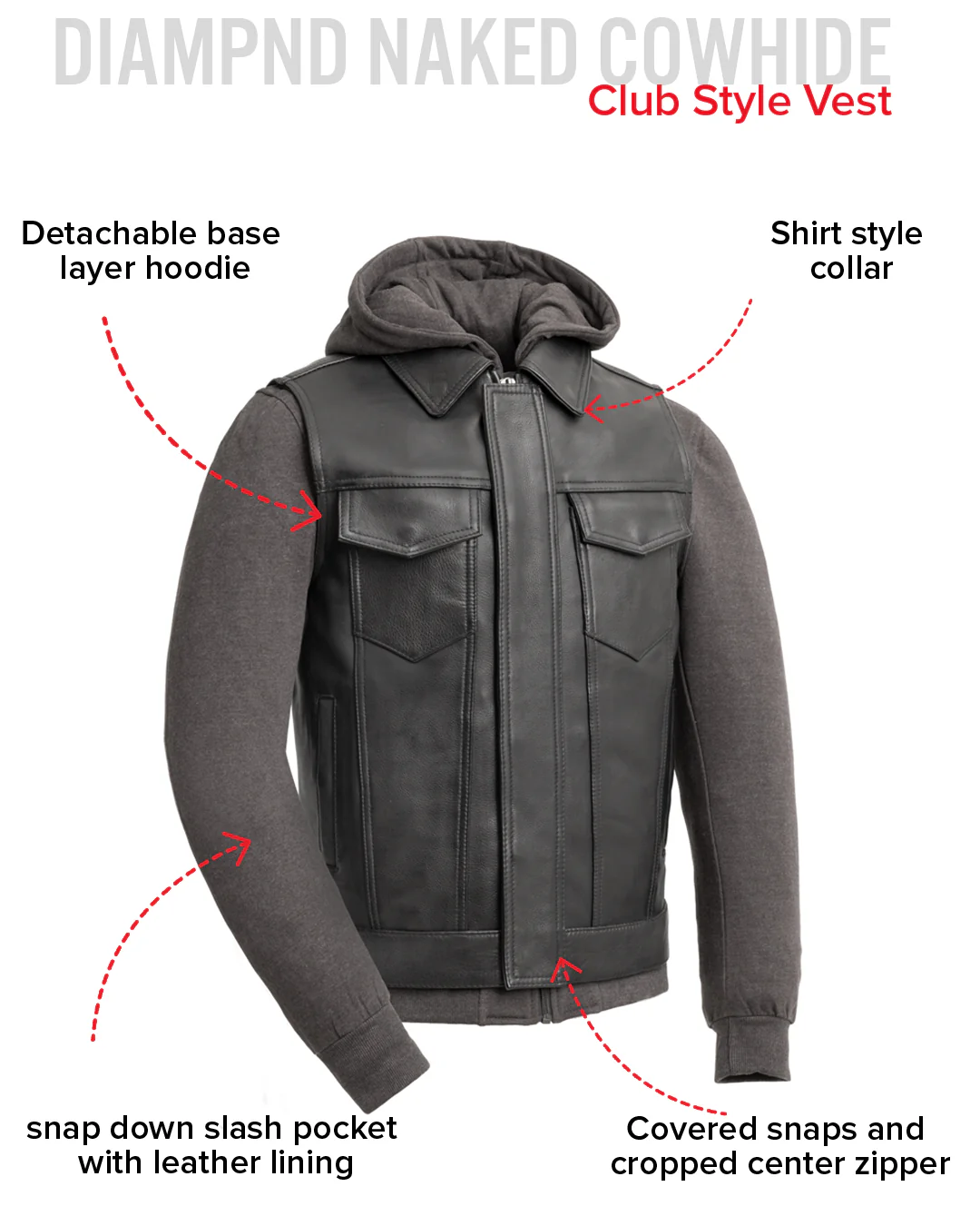 Kent Men's Motorcycle Leather Vest and Hoodie - Image 14