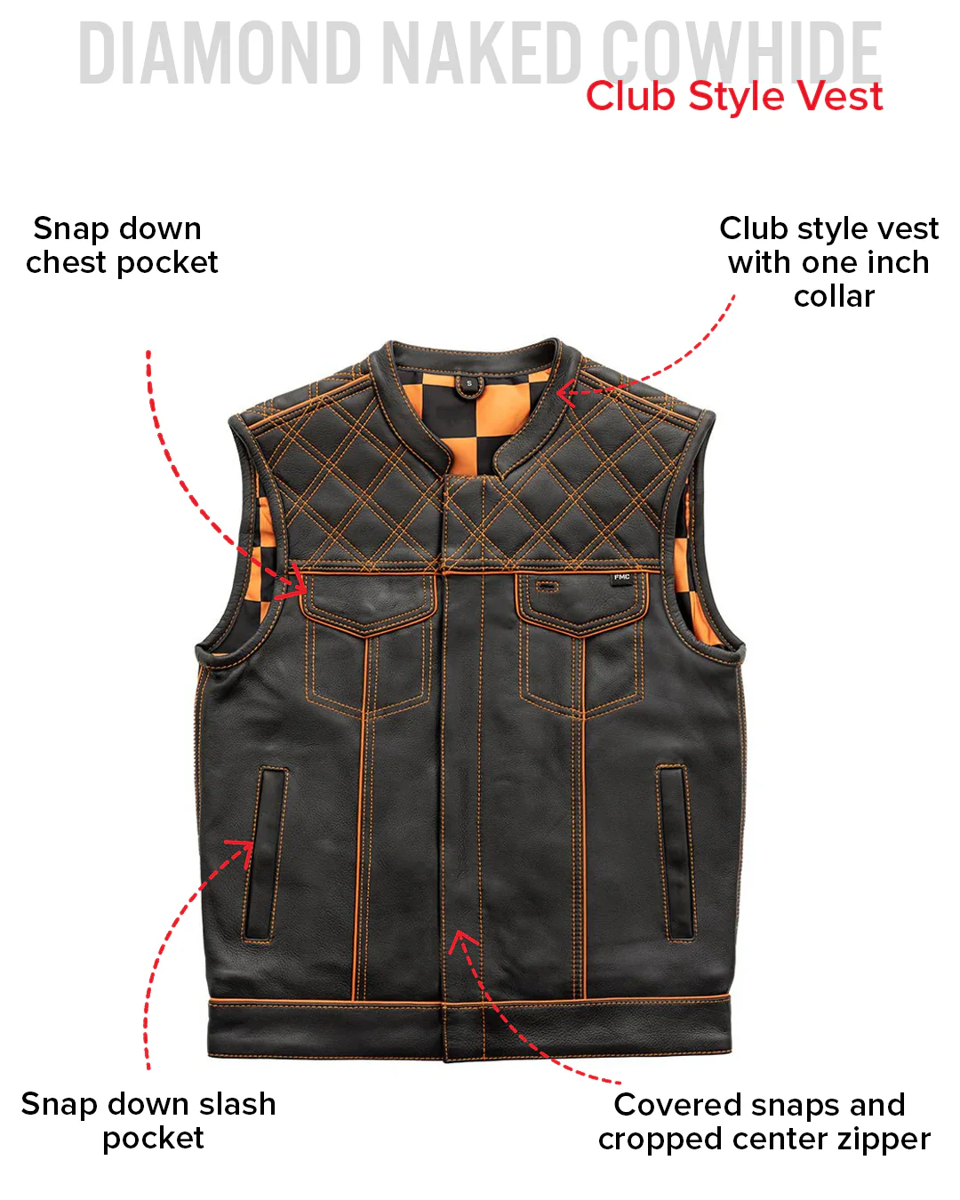 Finish Line - Orange Checker - Men's Motorcycle Leather Vest - Image 5