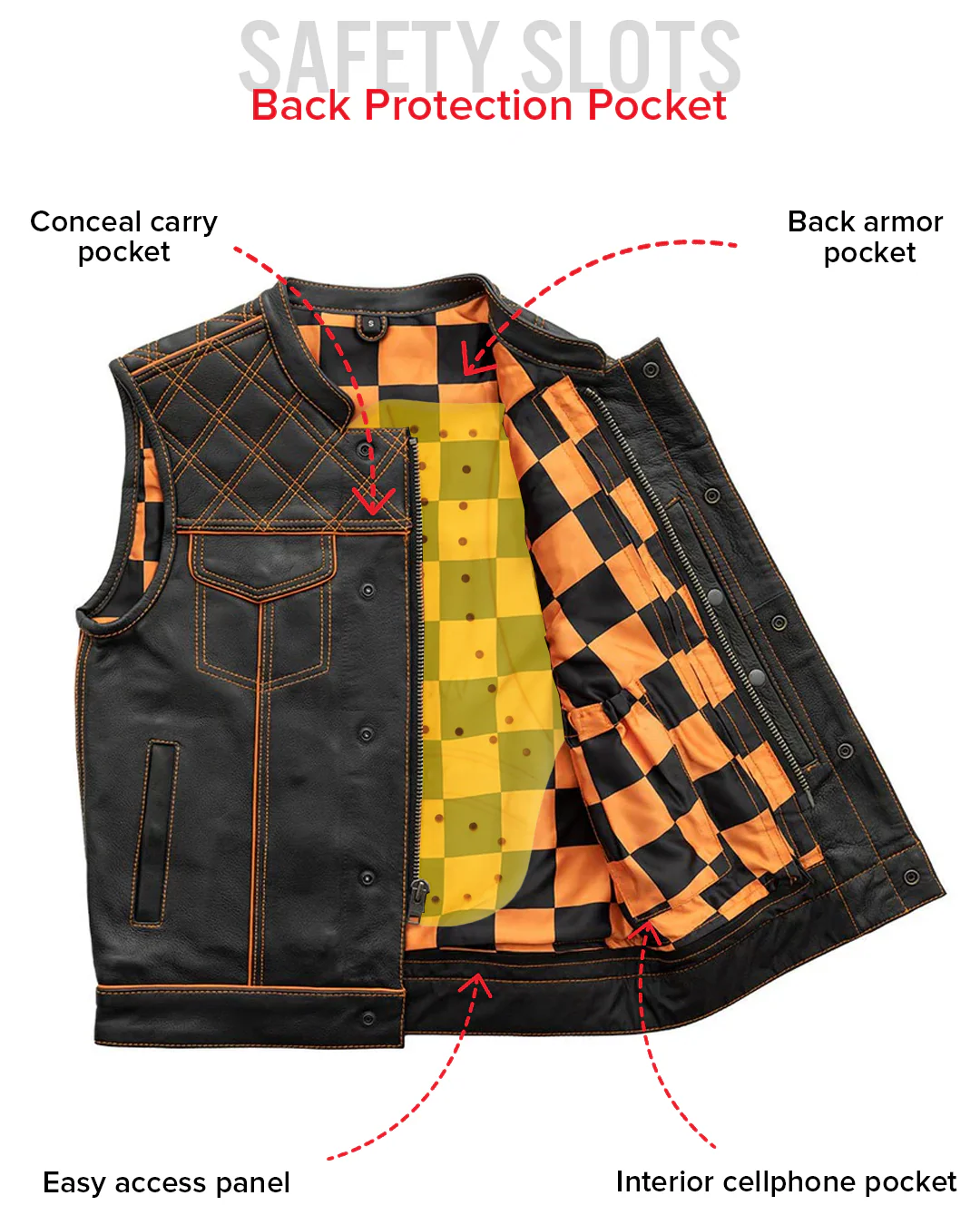 Finish Line - Orange Checker - Men's Motorcycle Leather Vest - Image 6