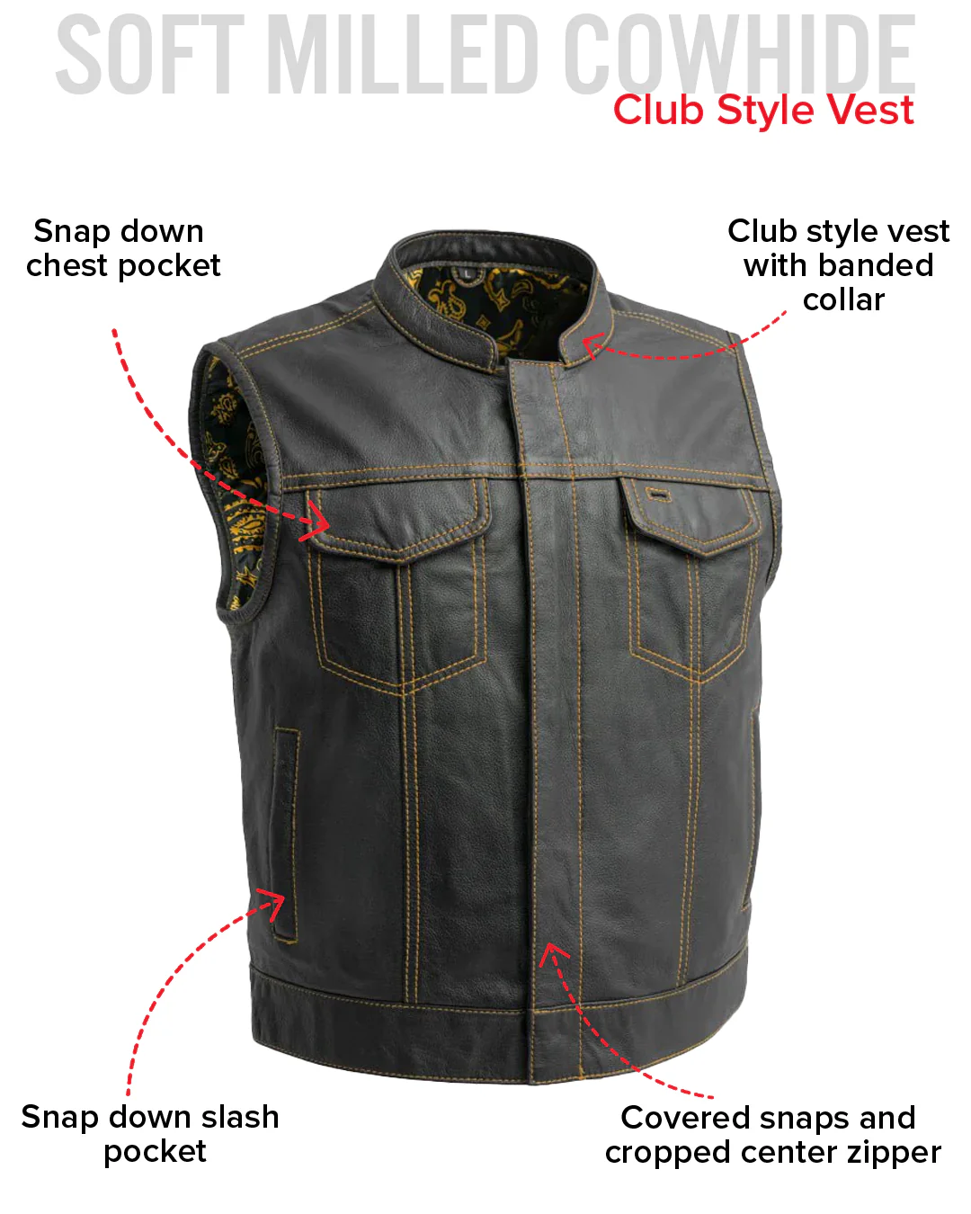 The Club Cut Men's Motorcycle Leather Vest, Multiple Color Options - Image 46