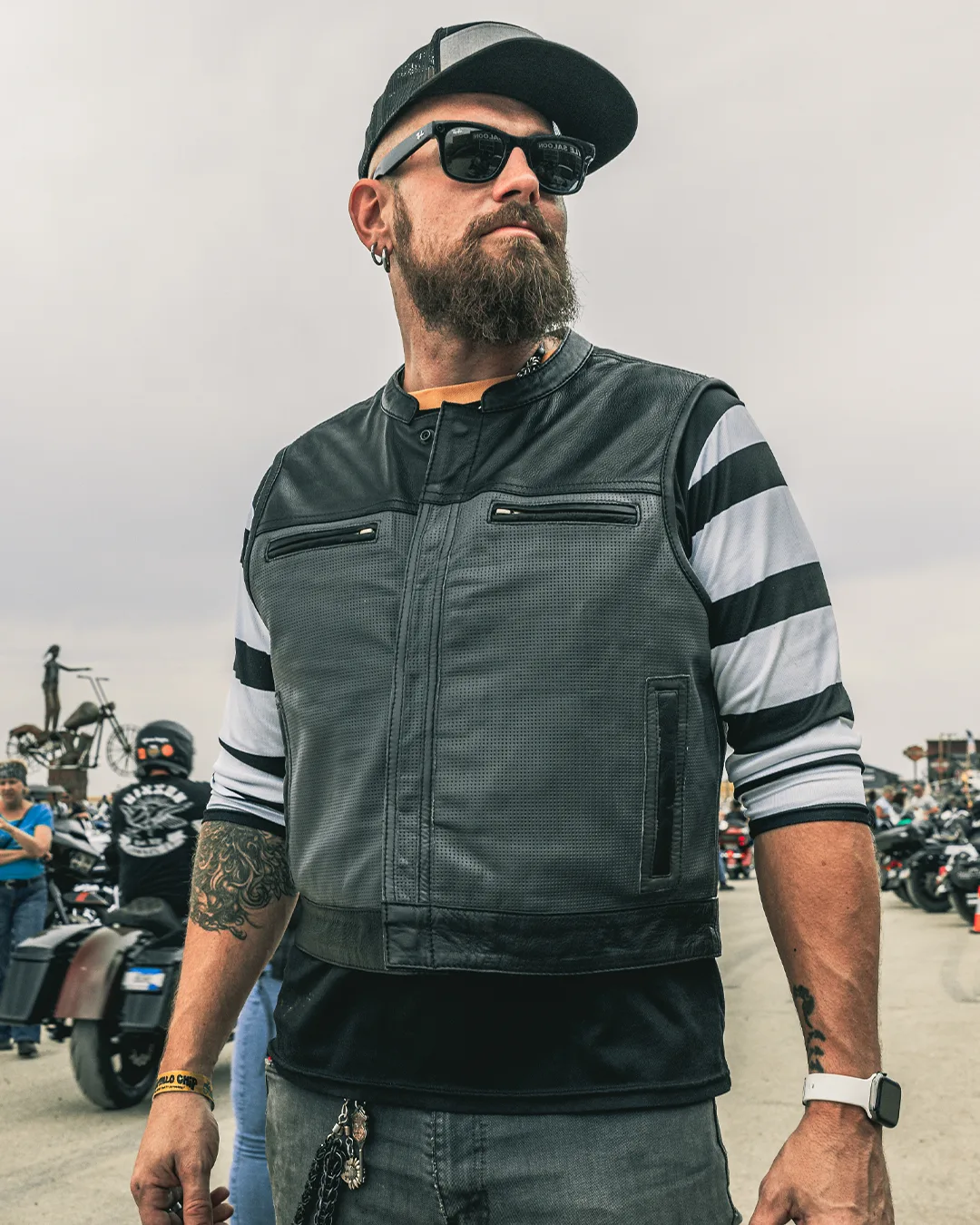 Two Tone Lowrider Perforated Men's Leather Vest - Image 11