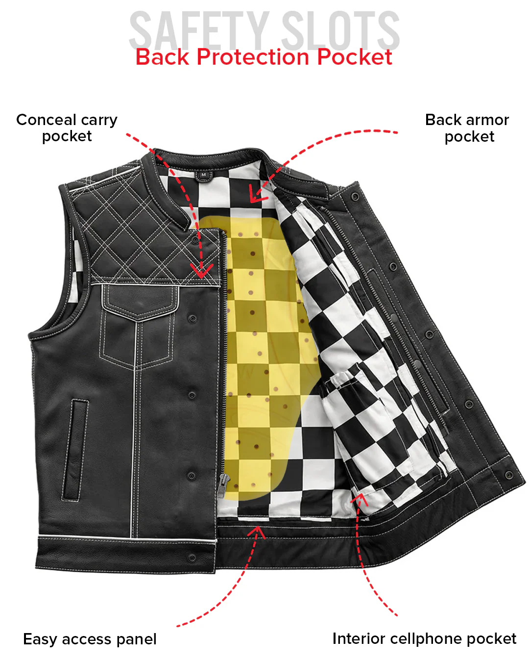 Finish Line - White Checker - Men's Motorcycle Leather Vest - Image 6
