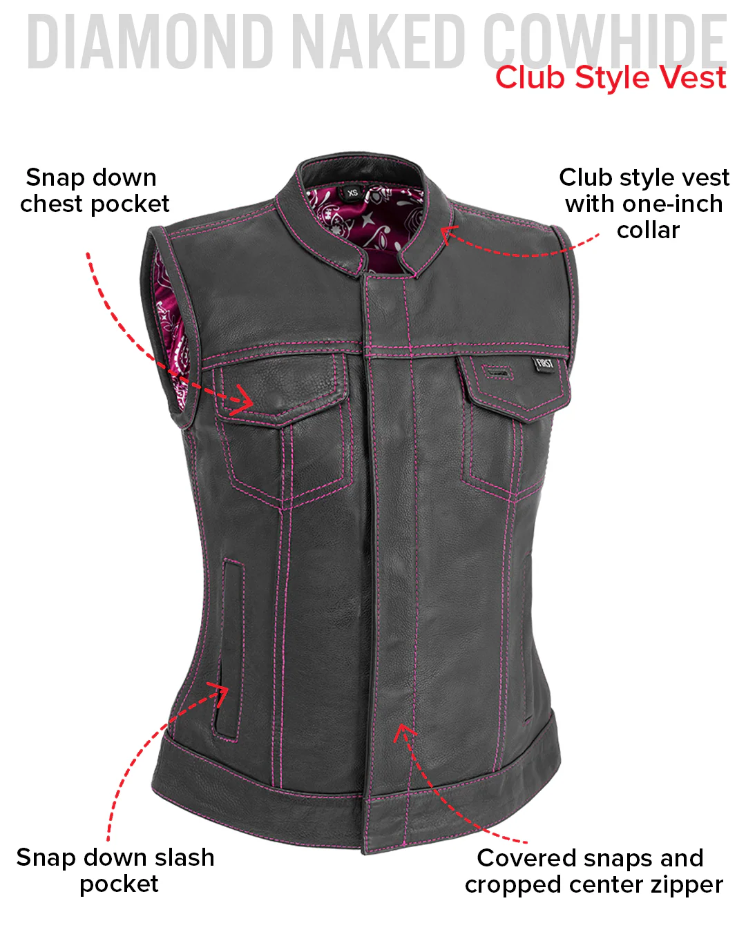 Jessica Women's  Motorcycle Leather Vest - Pink - Limited Edition - Image 6