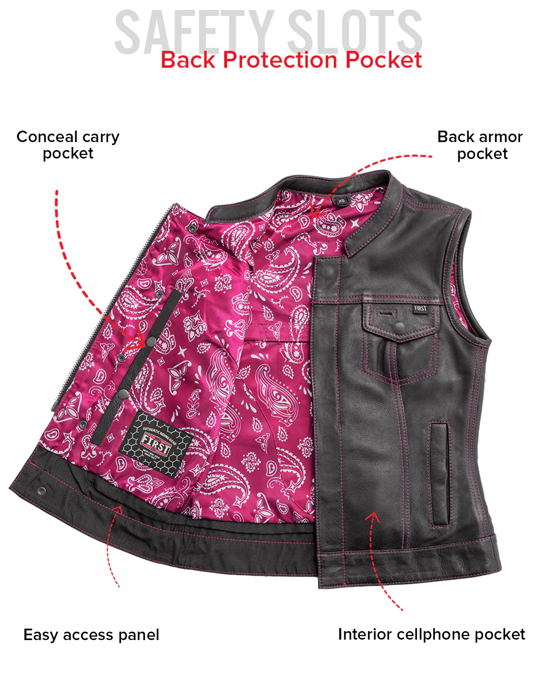 Jessica Women's  Motorcycle Leather Vest - Pink - Limited Edition - Image 7